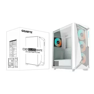 GIGABYTE case GB-C301GW, ARGB Hub, priehľadná bočnica, Mid tower, 4x ARGB ventilátor, biela GIGABYTE case GB-C301GW, ARGB Hub, priehľadná bočnica, Mid tower, 4x ARGB ventilátor, biela