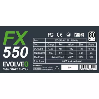 EVOLVEO FX 550, zdroj 550W ATX, 14cm, tichý, 80+, bulk