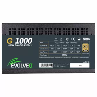 EVOLVEO G1000 PCIe 5.0, zdroj 1000W, ATX 3.0, 80+ GOLD, 90% účinnosť, aPFC, 140mm ventilátor, retail