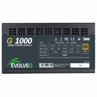 EVOLVEO G1000, zdroj 1000W, 80+ GOLD, ATX 3.1, aPFC, 140 mm ventilátor, plne modulárny, záruka 3 roky, čierny
