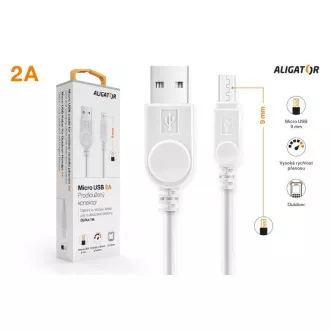 ALIGATOR dátový kábel s predĺženým konektorom microUSB, 2A, biela