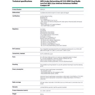 HPE Aruba Networking AP-515 (RW) Dual Radio 4x4/2x2 802.11x Internal Antennas Unified Campus AP RENEW Q9H62A
