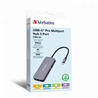 VERBATIM Hub USB-C Pre Multiport 5 Port, 2x USB 3.2, 1x USB-C, HDMI, RJ45, šedá