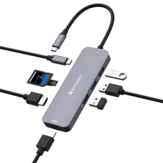 VERBATIM Hub USB-C Pre Multiport 8 Port, 3x USB 3.2, 1x USB-C, 2x HDMI, microSD/SD, šedá