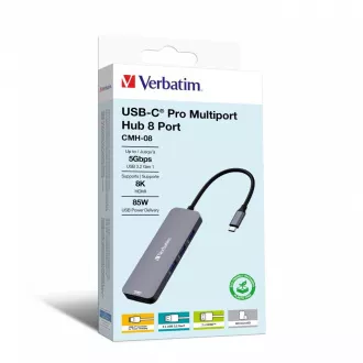 VERBATIM Hub USB-C Pre Multiport 8 Port, 3x USB 3.2, 1x USB-C, 2x HDMI, microSD/SD, šedá