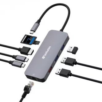 VERBATIM Hub USB-C Pre Multiport 9 Port, 3x USB 3.2, 2x USB-C, HDMI, RJ45, microSD/SD, sivá