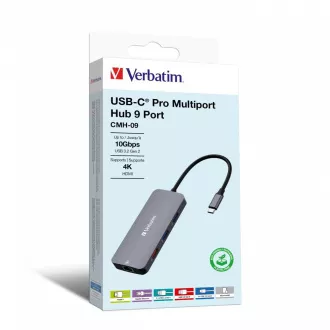 VERBATIM Hub USB-C Pre Multiport 9 Port, 3x USB 3.2, 2x USB-C, HDMI, RJ45, microSD/SD, sivá