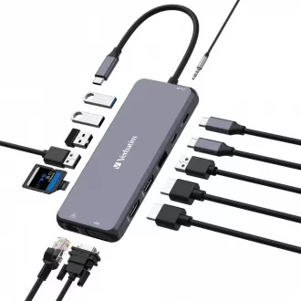 VERBATIM Hub USB-C Pre Multiport 14 Port, 5x USB-A, 2x USB-C, 2x HDMI, 1xVGA, RJ45, 3.5mm Jack audio, microSD/SD, šedá