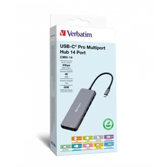 VERBATIM Hub USB-C Pre Multiport 14 Port, 5x USB-A, 2x USB-C, 2x HDMI, 1xVGA, RJ45, 3.5mm Jack audio, microSD/SD, šedá