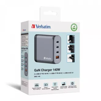 VERBATIM GaN Nabíjačka do siete GNC-140, 140W, 3x USB-C, 1x USB