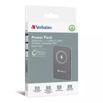 VERBATIM Powerbanka Charge 'n' Go, Magnetická, 5000 mAh, USB-C, Sivá