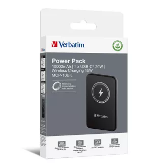 VERBATIM Powerbanka Charge 'n' Go, Magnetická, 10000 mAh, USB-C, Čierna