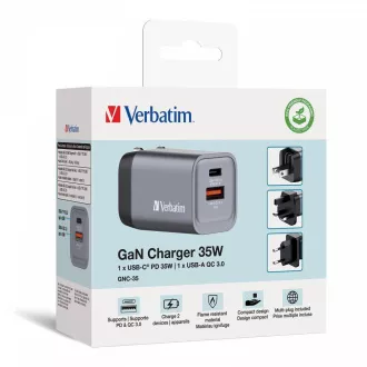 VERBATIM GaN Nabíjačka do siete GNC-35, 35W, 1x USB-C, 1x USB VERBATIM GaN Nabíjačka do siete GNC-35, 35W, 1x USB-C, 1x USB