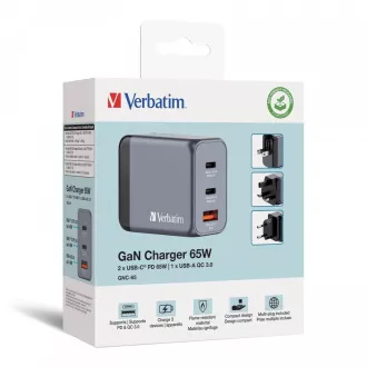 VERBATIM GaN Nabíjačka do siete GNC-65, 65W, 2x USB-C, 1x USB VERBATIM GaN Nabíjačka do siete GNC-65, 65W, 2x USB-C, 1x USB