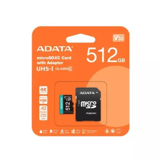 ADATA MicroSDXC karta 512GB Premier Pro UHS-I V30S (R: 100/W: 80 MB/s) + SD adaptér ADATA MicroSDXC karta 512GB Premier Pro UHS-I V30S (R: 100/W: 80 MB/s) + SD adaptér