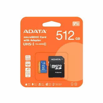 ADATA MicroSDXC karta 512 GB Premier UHS-I C10 V10 (R: 100/W: 25 MB/s) + SD adaptér ADATA MicroSDXC karta 512 GB Premier UHS-I C10 V10 (R: 100/W: 25 MB/s) + SD adaptér