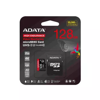 ADATA MicroSDXC karta 128 GB High Endurance UHS-I C10 V30 A2 (R: 100/W: 85 MB/s) + SD adaptér ADATA MicroSDXC karta 128 GB High Endurance UHS-I C10 V30 A2 (R: 100/W: 85 MB/s) + SD adaptér