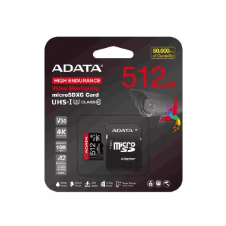 ADATA MicroSDXC karta 512GB High Endurance UHS-I C10 V30 A2 (R: 100/W: 85 MB/s) + SD adaptér ADATA MicroSDXC karta 512GB High Endurance UHS-I C10 V30 A2 (R: 100/W: 85 MB/s) + SD adaptér