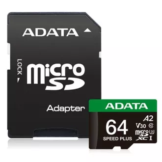 ADATA MicroSDXC karta 64 GB Speed Plus, U3, C10, A2, V30 (R: 160/W: 140 MB/s) + SD adaptér