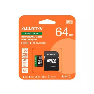 ADATA MicroSDXC karta 64 GB Speed Plus, U3, C10, A2, V30 (R: 160/W: 140 MB/s) + SD adaptér