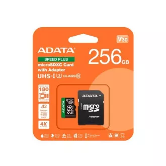 ADATA MicroSDXC karta 256 GB Speed Plus, U3, C10, A2, V30 (R: 180/W: 160 MB/s) + SD adaptér ADATA MicroSDXC karta 256 GB Speed Plus, U3, C10, A2, V30 (R: 180/W: 160 MB/s) + SD adaptér