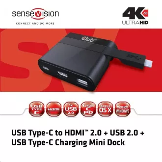 Club3D mini dokovacia stanica USB 3.0 typ C na (HDMI™ 2.0 4K60Hz UHD/USB 2.0/USB-C), nabíjacia