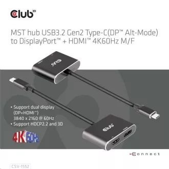 Club3D hub MST (Multi Stream Transport) USB3.2 Gen2 Type-C (DP Alt-Mode) na DisplayPort + HDMI 4K60Hz (M/F)