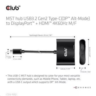 Club3D hub MST (Multi Stream Transport) USB3.2 Gen2 Type-C (DP Alt-Mode) na DisplayPort + HDMI 4K60Hz (M/F)