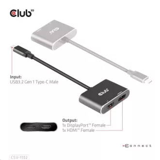 Club3D hub MST (Multi Stream Transport) USB3.2 Gen2 Type-C (DP Alt-Mode) na DisplayPort + HDMI 4K60Hz (M/F)