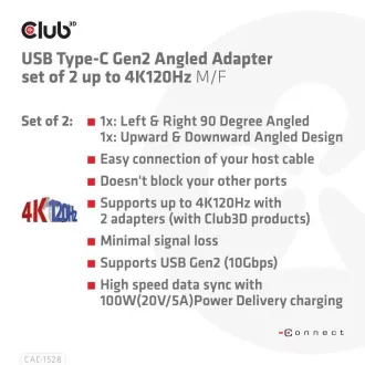 Club3D set adapter USB-C Gen2 angled adapter set of 2, 4K120Hz, 240W, (M/F)