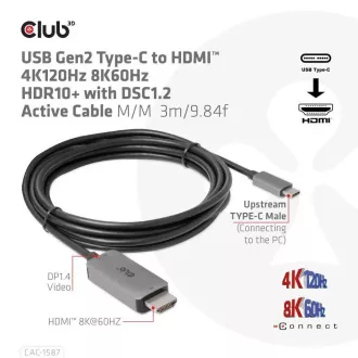Club3D kábel USB-C na HDMI, 4K120Hz 8K60Hz HDR10 s DSC1.2, Aktívny kábel, M/M, 3m Club3D kábel USB-C na HDMI, 4K120Hz 8K60Hz HDR10 s DSC1.2, Aktívny kábel, M/M, 3m