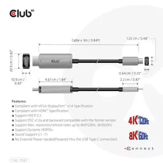 Club3D kábel USB-C na HDMI, 4K120Hz 8K60Hz HDR10 s DSC1.2, Aktívny kábel, M/M, 3m Club3D kábel USB-C na HDMI, 4K120Hz 8K60Hz HDR10 s DSC1.2, Aktívny kábel, M/M, 3m