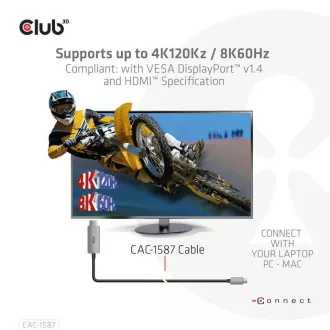 Club3D kábel USB-C na HDMI, 4K120Hz 8K60Hz HDR10 s DSC1.2, Aktívny kábel, M/M, 3m Club3D kábel USB-C na HDMI, 4K120Hz 8K60Hz HDR10 s DSC1.2, Aktívny kábel, M/M, 3m