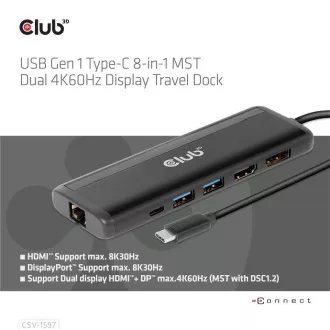 Club 3D Dokovacia stanica USB-C 8v1, 1xDP, 1xHDMI, 1xUSB-C PD100W, 2xUSB, čítačka SD kariet, sivá