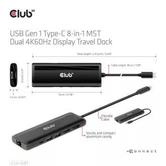 Club 3D Dokovacia stanica USB-C 8v1, 1xDP, 1xHDMI, 1xUSB-C PD100W, 2xUSB, čítačka SD kariet, sivá