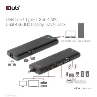 Club 3D Dokovacia stanica USB-C 8v1, 1xDP, 1xHDMI, 1xUSB-C PD100W, 2xUSB, čítačka SD kariet, sivá