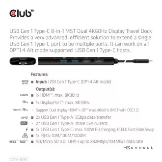 Club 3D Dokovacia stanica USB-C 8v1, 1xDP, 1xHDMI, 1xUSB-C PD100W, 2xUSB, čítačka SD kariet, sivá