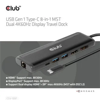 Club 3D Dokovacia stanica USB-C 8v1, 1xDP, 1xHDMI, 1xUSB-C PD100W, 2xUSB, čítačka SD kariet, sivá Club 3D Dokovacia stanica USB-C 8v1, 1xDP, 1xHDMI, 1xUSB-C PD100W, 2xUSB, čítačka SD kariet, sivá