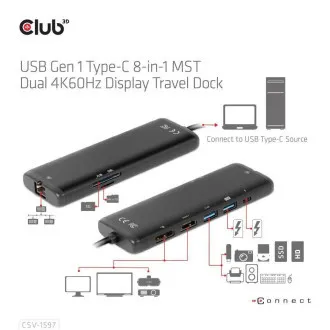 Club 3D Dokovacia stanica USB-C 8v1, 1xDP, 1xHDMI, 1xUSB-C PD100W, 2xUSB, čítačka SD kariet, sivá Club 3D Dokovacia stanica USB-C 8v1, 1xDP, 1xHDMI, 1xUSB-C PD100W, 2xUSB, čítačka SD kariet, sivá