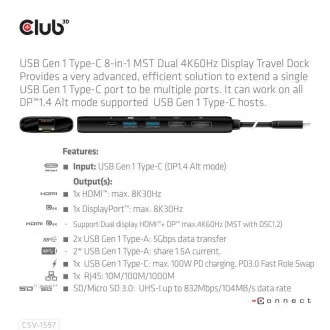 Club 3D Dokovacia stanica USB-C 8v1, 1xDP, 1xHDMI, 1xUSB-C PD100W, 2xUSB, čítačka SD kariet, sivá Club 3D Dokovacia stanica USB-C 8v1, 1xDP, 1xHDMI, 1xUSB-C PD100W, 2xUSB, čítačka SD kariet, sivá