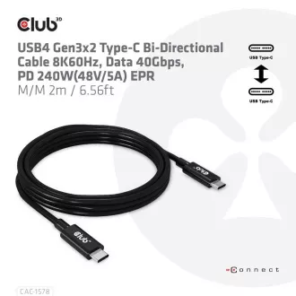 Club3D Kábel USB4 Gen3x2 Type-C Obojstranný kábel 8K60Hz, Data 40 Gbps, PD 240W(48V/5A) EPR M/M 2m