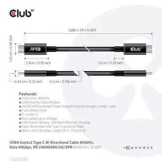 Club3D Kábel USB4 Gen3x2 Type-C Obojstranný kábel 8K60Hz, Data 40 Gbps, PD 240W(48V/5A) EPR M/M 2m