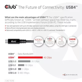 Club3D Kábel USB4 Gen3x2 Type-C Obojstranný kábel 8K60Hz, Data 40 Gbps, PD 240W(48V/5A) EPR M/M 2m