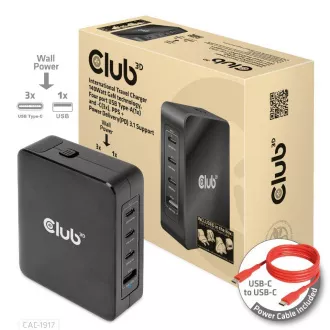 Club3D cestovná nabíjačka 140W GaN technológia, 3xUSB-C, 1xUSB-A, PPS + PD 3.1 Support