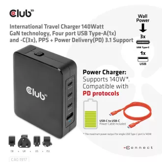 Club3D cestovná nabíjačka 140W GaN technológia, 3xUSB-C, 1xUSB-A, PPS + PD 3.1 Support