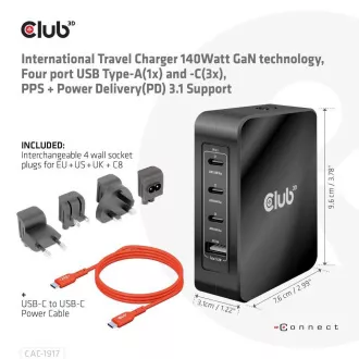Club3D cestovná nabíjačka 140W GaN technológia, 3xUSB-C, 1xUSB-A, PPS + PD 3.1 Support