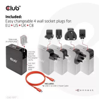 Club3D cestovná nabíjačka 140W GaN technológia, 3xUSB-C, 1xUSB-A, PPS + PD 3.1 Support