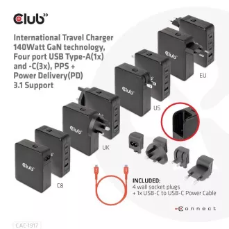 Club3D cestovná nabíjačka 140W GaN technológia, 3xUSB-C, 1xUSB-A, PPS + PD 3.1 Support