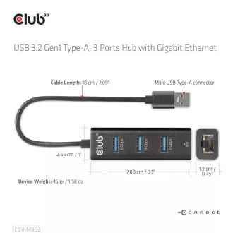 Club3D Rozbočovač, USB-A 3.2 Gen1 na 3x USB 3.1, Gigabit Ethernet