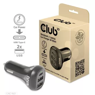 Club3D Auto nabíjačka pre Notebooky 36W, 3 porty (2xUSB-A + USB-C)